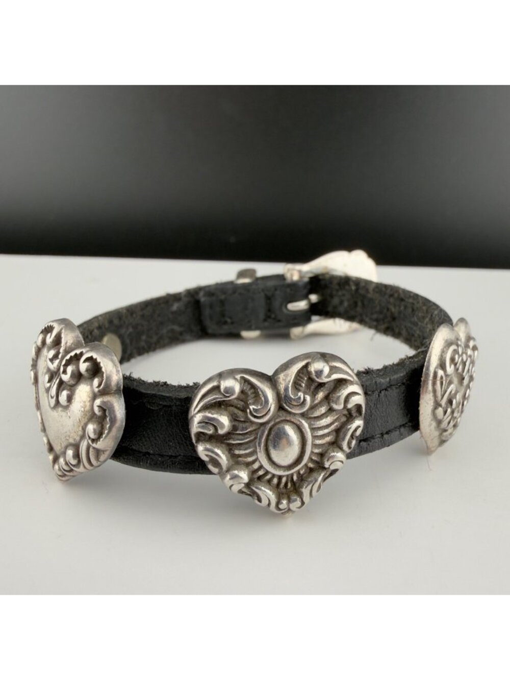 Vintage Brighton Black Leather Heart Bracelet Silver Tone Buckle READ